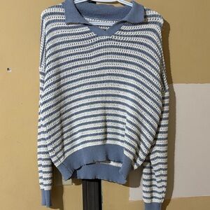 SHEIN Blue and White Striped V-Neck Sweater